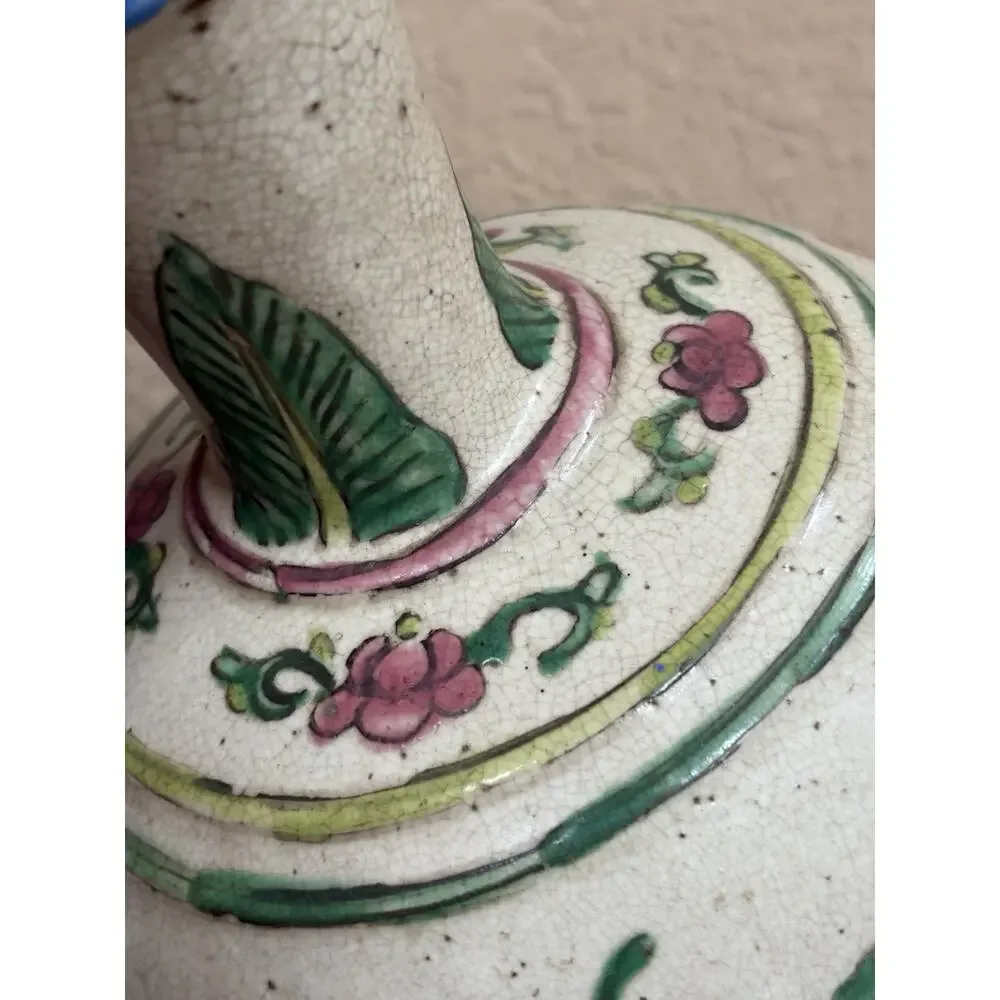 Chinese Phoenix Bottle Vase Crackle Glaze Famille Rose Style Floral Vtg Decor